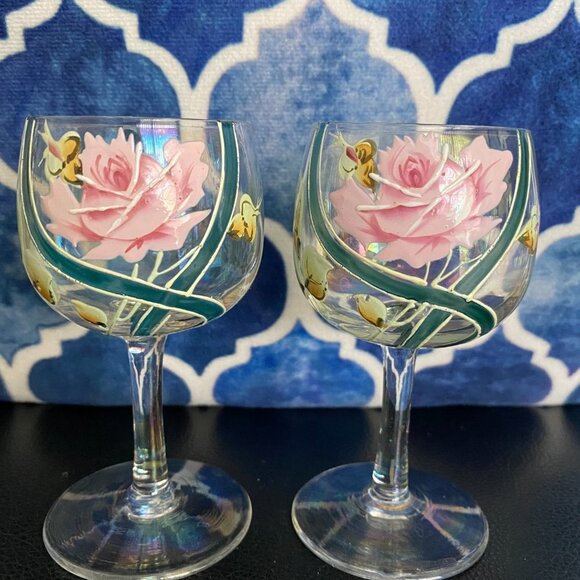 Wine Glass Small Hand Painted Rose and Buds Pink with Green 4.5" Set of Two - Picture 6 of 8